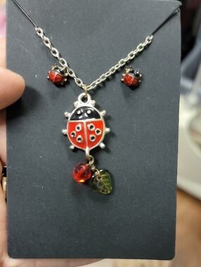 Ladybug Pendant Necklace and Stud Earrings - Red Ladybug Jewelry